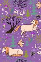 Magic forest seamless pattern with unicorns. Vector graphics.