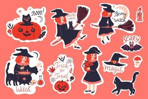 Set of Halloween stickers with witches, cats, pumpkins, inscriptions. Vector graphics.