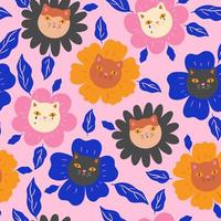 Seamless pattern with cat faces and flowers. Vector graphics.