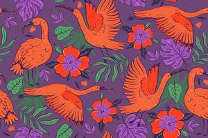 Seamless pattern with ibises and tropical flowers. Vector graphics.