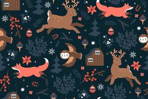 Seamless pattern with animals, houses, winter decor elements. Vector graphics.