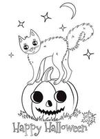 Halloween coloring page with a cat standing on a pumpkin. Vector graphics.