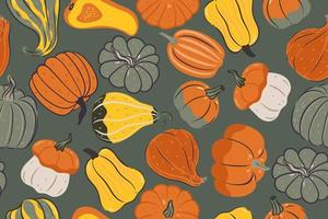 Seamless pattern with autumn pumpkins of different shapes and sizes. Vector graphics.