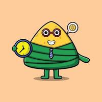 Cute cartoon chinese rice dumpling holding clock vector