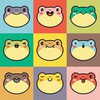 Set of various avatars of frog facial expressions. Adorable cute baby animal head vector illustration. Simple design of happy smiling animal cartoon face emoticon. Graphics and colorful backgrounds.