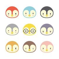 Set of various avatar penguin facial expressions. Adorable cute baby animal head vector illustration. Simple flat design of happy smiling animal cartoon face emoticon. Colorful on a white background.