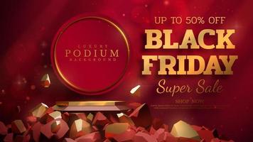 Black friday sale background with golden product display podium with 3d stone elements and light beam effects decorations and stars and bokeh. Red luxury scene. vector