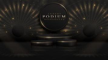 Black luxury background with product display podium and golden circle line elements and light rays decorations and stars effect and fireworks. vector