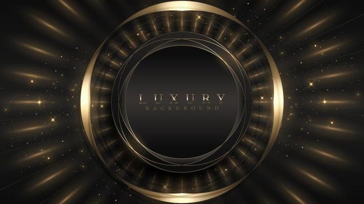 Golden circle on black background and light ray effect decoration and bokeh elements. 3d style luxury scene.