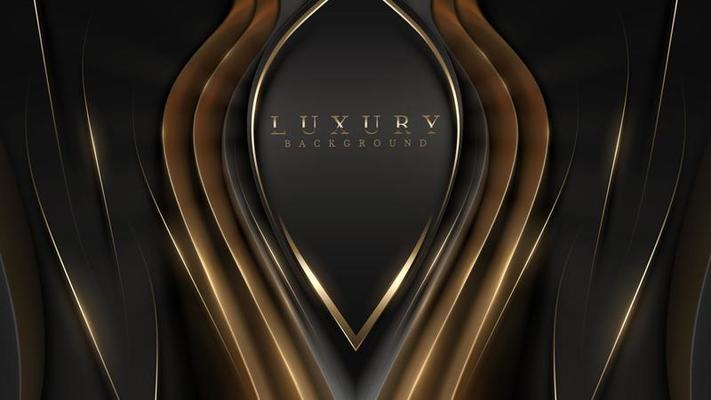 Black luxury background with golden line elements and light ray effect decoration.