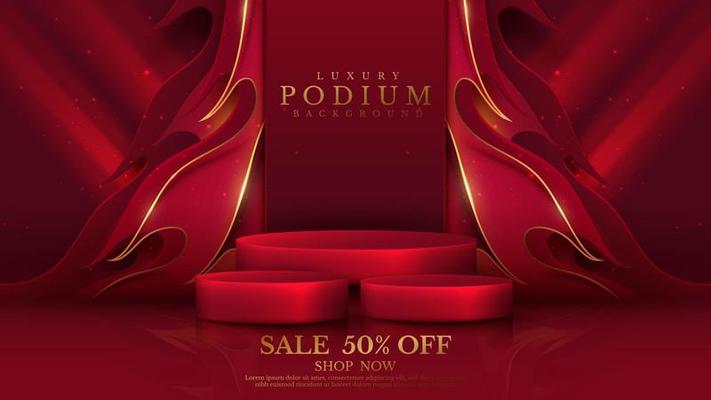 Product display podium with golden curve line elements and fire pattern with glitter light effect decoration. Red luxury background.