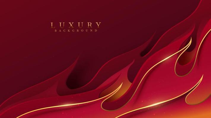 Red luxury background with fire pattern with golden line elements and glitter light effect decoration.