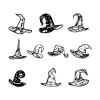 Different witch hat vector set Halloween elements isolated on white background.