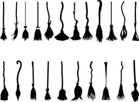 Different witch broomstick set isolated on white background. Halloween Vector decorative elements.