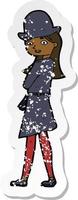 retro distressed sticker of a cartoon female spy vector