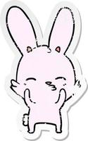 distressed sticker of a curious waving bunny cartoon vector