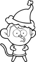 line drawing of a surprised monkey wearing santa hat vector