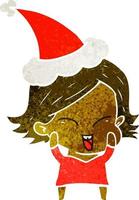 happy retro cartoon of a girl wearing santa hat vector