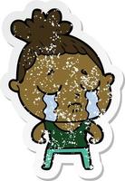 distressed sticker of a cartoon tough woman crying vector