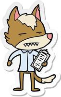 sticker of a cartoon office wolf showing teeth vector