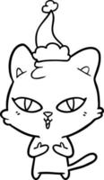 line drawing of a cat wearing santa hat vector