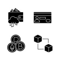 E-payment glyph icons set. E-wallet, credit card, cryptocurrency, blockchain. Silhouette symbols. Vector isolated illustration