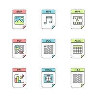 conjunto de iconos de color de formato de archivos. imagen, multimedia, texto, hoja de cálculo, archivos de página web. bmp, mp3, mp4, pdf, doc, xlsx, ppt, html, txt. ilustraciones de vectores aislados