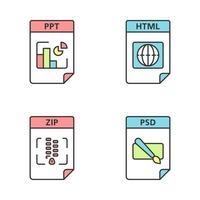 Files format color icons set. Presentation, webpage, archive, image files. PPT, HTML, ZIP, PSD. Isolated vector illustrations