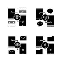 Smartphone connection glyph icons set. Silhouette symbols. Chatting, sending e-mail, bluetooth and wifi data transfer. Vector isolated illustration