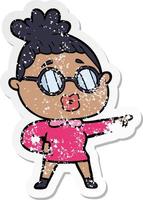 distressed sticker of a cartoon pointing woman wearing spectacles vector