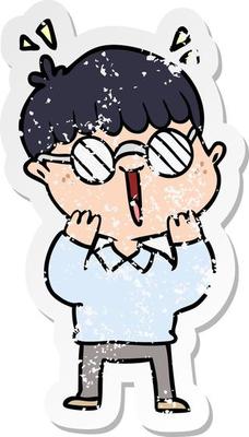 distressed sticker of a cartoon happy boy wearing spectacles