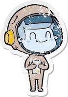 distressed sticker of a happy cartoon astronaut man vector