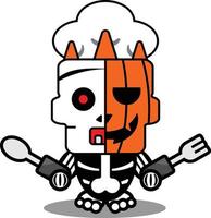 ilustración vectorial del personaje de la mascota de la calabaza de dibujos animados chef lindo del cráneo de halloween vector