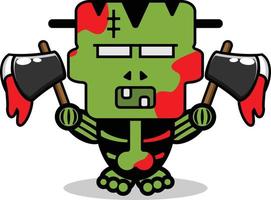 cute frankenstein bone mascot character cartoon vector illustration holding bloody ax