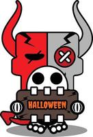 halloween cartoon voodoo devil doll mascot character vector illustration cute skull holding halloween board