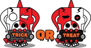 dibujos animados de halloween diablo rojo hueso mascota personaje vector ilustración lindo cráneo sosteniendo tablero de truco o trato