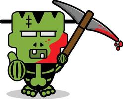 cute frankenstein bone mascot character cartoon vector illustration holding bloody pickaxe