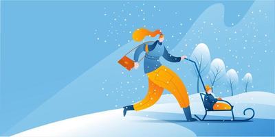 A woman in warm clothes with a sled and a small child is walking against the background of a winter city. A template for a horizontal banner with a winter theme.