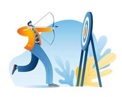 A businessman with a bow and arrow chooses a target. The concept of a vector illustration with a character on the topic of choosing and achieving goals in business.