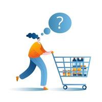 A woman goes to the supermarket with a cart. A conceptual illustration on the topic of a supermarket. Isolated vector character.