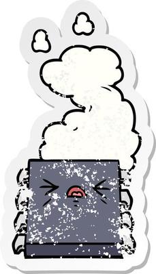 distressed sticker of a cartoon overheating computer chip