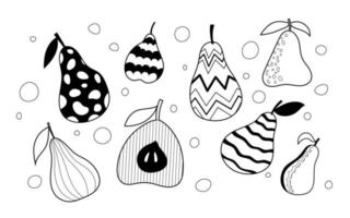conjunto de lindas peras abstractas simples. Peras dibujadas a mano en blanco y negro. divertida ilustración minimalista ideal para tela, textil. estampado moderno de frutas. pera estilizada vector