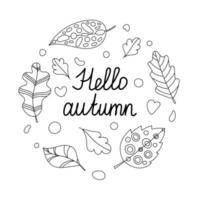 hola otoño letras dibujadas a mano, decoradas con corona de hojas. hermoso diseño gráfico para tarjetas, postales, invitaciones, pancartas, carteles vector