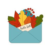 Hello fall. postal envelope with autumn leaves. Vector illustration