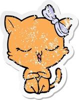 distressed sticker of a cartoon cat with bow on head vector