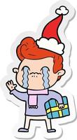 sticker cartoon of a man crying wearing santa hat vector