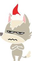 flat color illustration of a annoyed wolf wearing santa hat vector