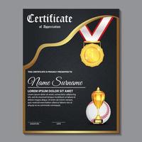 diseño de certificado de béisbol con vector de juego de copa de oro. béisbol. plantilla de premio deportivo.