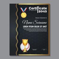 diseño de certificado de béisbol con vector de juego de copa de oro. béisbol. plantilla de premio deportivo.