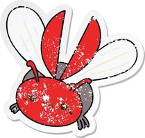 distressed sticker of a quirky hand drawn cartoon flying beetle vector